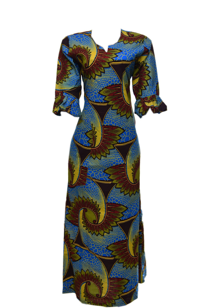 Adaure Puffed Sleeve African Print Maxi Long Dress - Afrocentric Fashion Store-Ebbyz