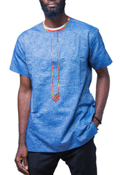 Denim Ankara Kaftan Shirt - Afrocentric Fashion Store-Ebbyz