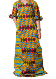 Adaure Puffed Sleeve African Print Maxi Long Dress - Afrocentric Fashion Store-Ebbyz